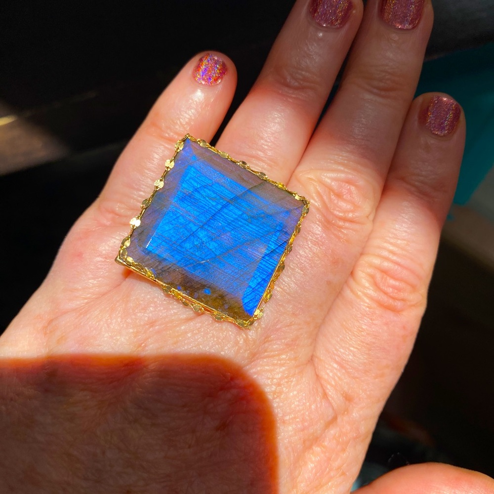 Solid 14k Rare HEAVY Labradorite Square Ring Large Statement Ring - Picture 3 of 10